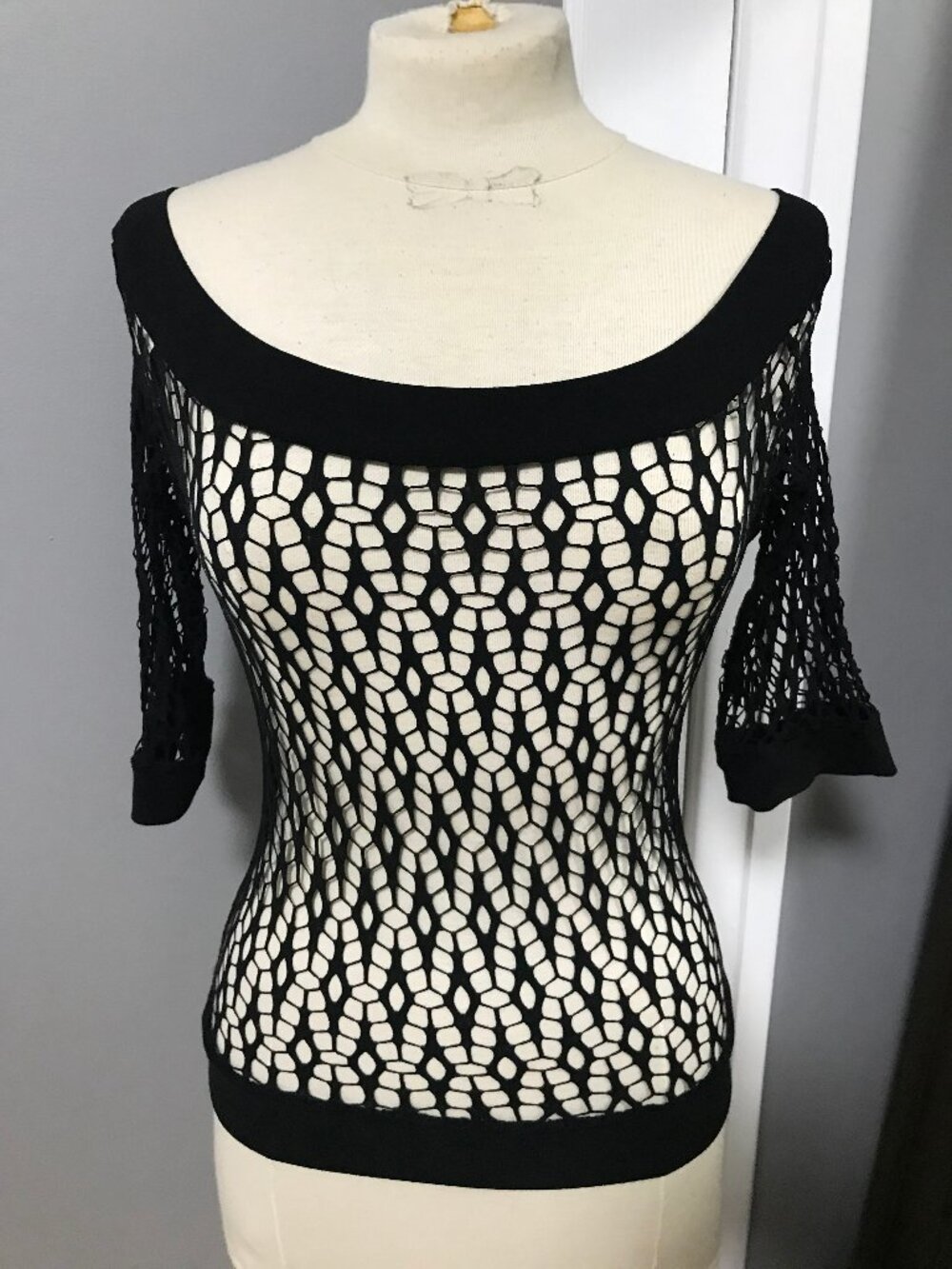Y2K Goth Punk Emo Black Fishnet 3/4 Sleeve Top Shirt SMALL MEDIUM